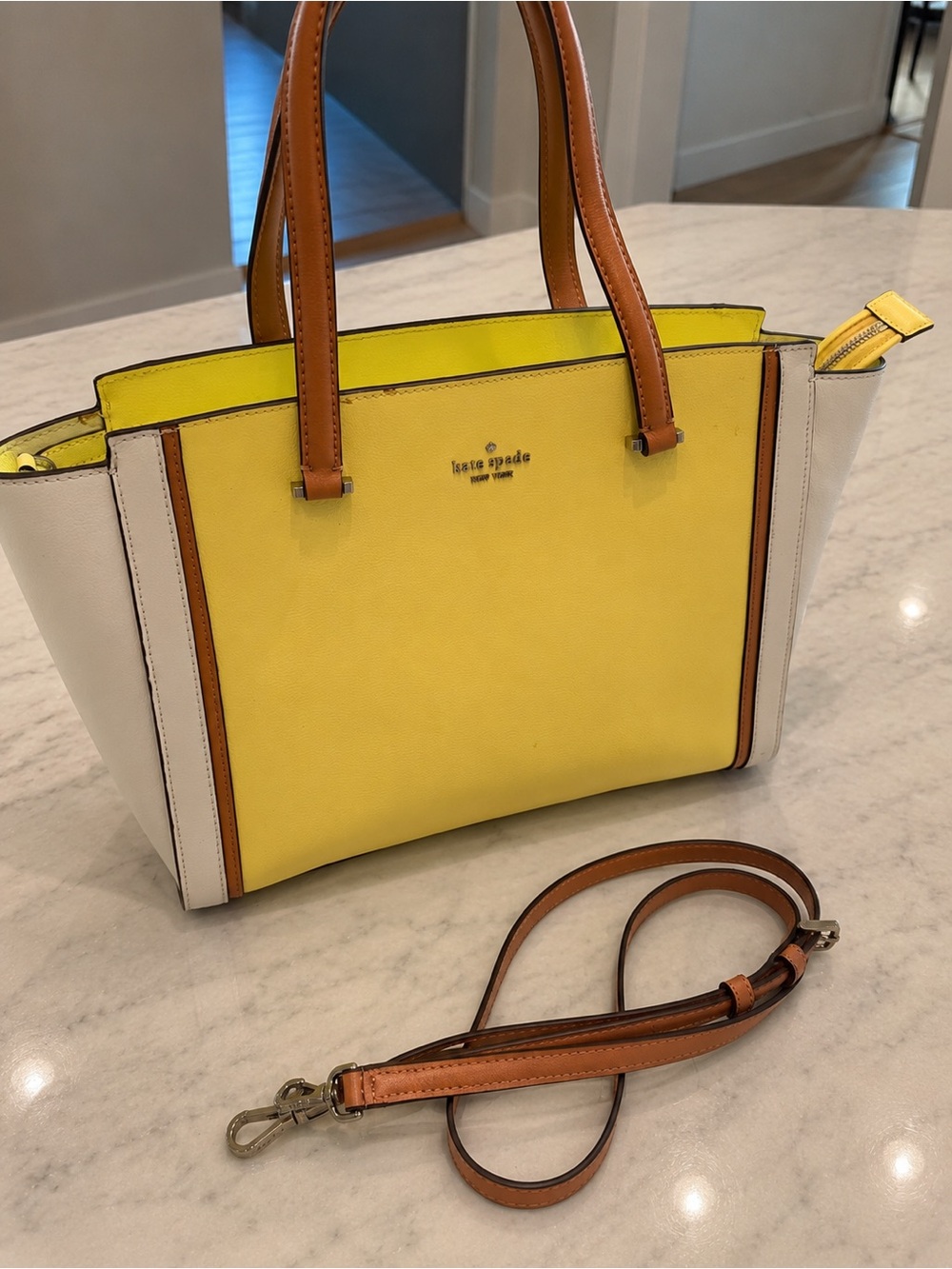 kate spade Yellow, Cream & Tan Leather Tote with Removable Strap